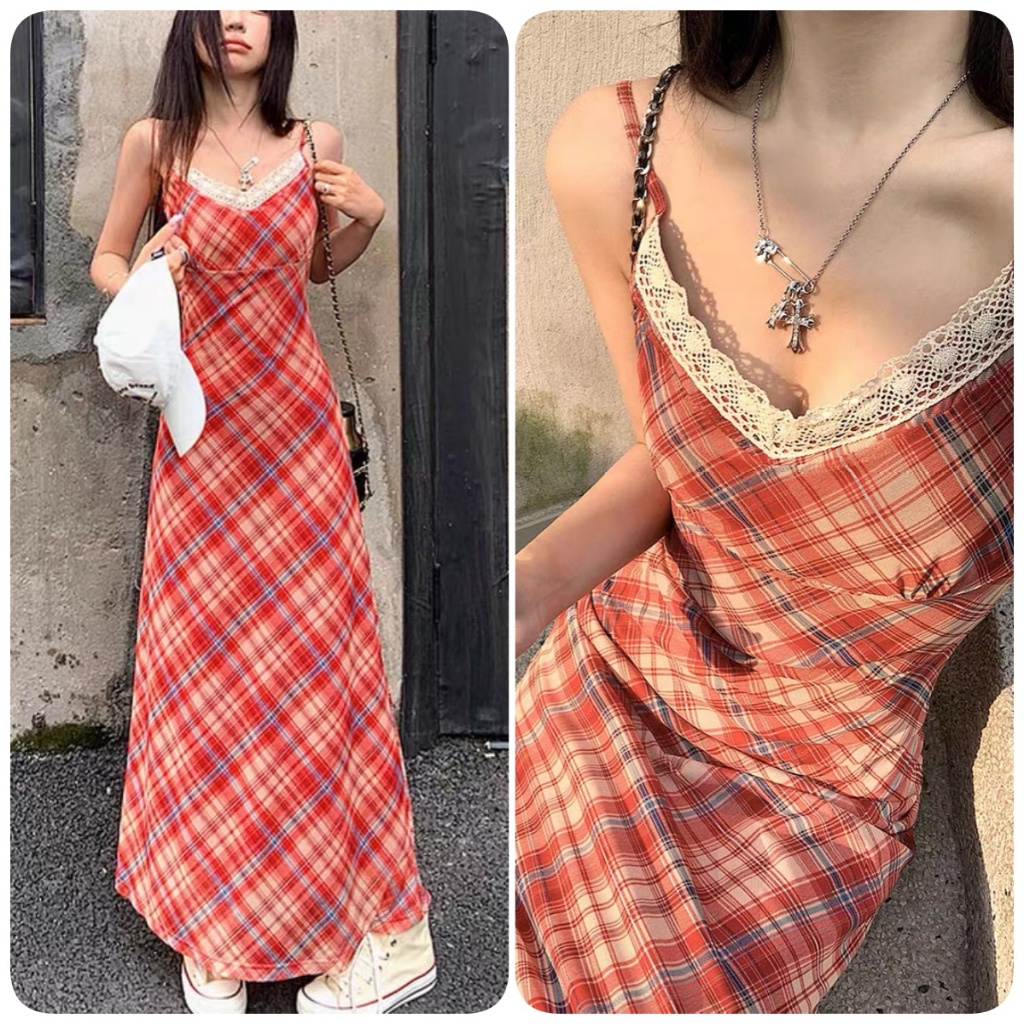 กระโปรงยาวผู้หญิง ใส่สบาย เข้ารูป คอวี สายเดี่ยวลูกไม้ เข้ารูป ทรงเข้ารูป