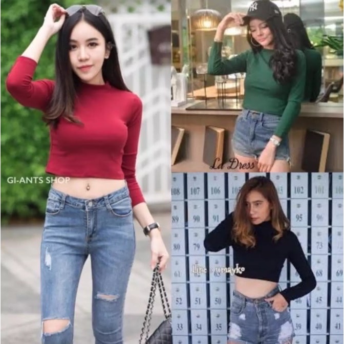 เสื้อครอปคอเต่าแขนยาว เอวลอย (ผ้าคอตตอน)