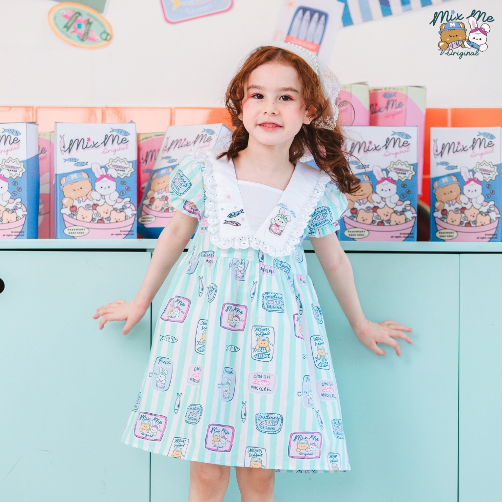 Mix Me ชุดเดรสกระโปรง แขนตุ๊กตา ปกแหลมมีระบาย ลายปลา ผ้า Oxford 100%Cotton เด็กหญิง อายุ 1-7 ปี เสื้อผ้าเด็ก รุ่น 500398