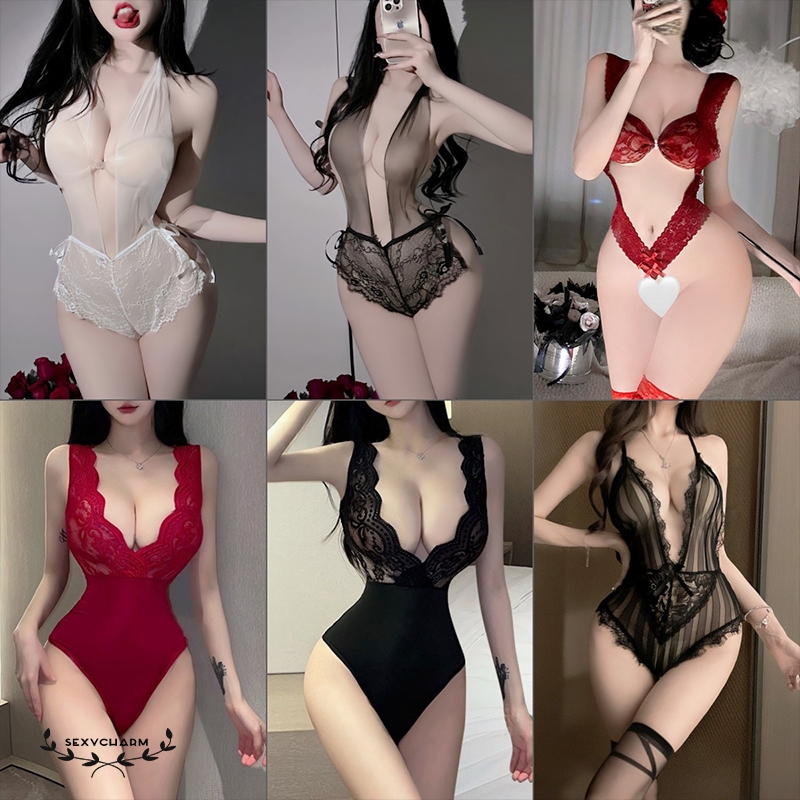 Sexy Charm👛👛บอดี้สูทเซ็กซี่ บอดี้สูทลูกไม้ คอวีลึก ทรงเข้ารูป หลังเปลือย เป้าเปิด