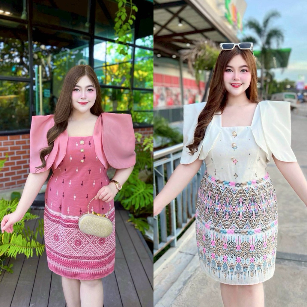 LF-S1D1🌹 เดรสผ้าไทยประยุกต์แต่งกระดุมมุขสวยหรูไฮโซพรีเมียร สม็อคเอวซิปหลัง