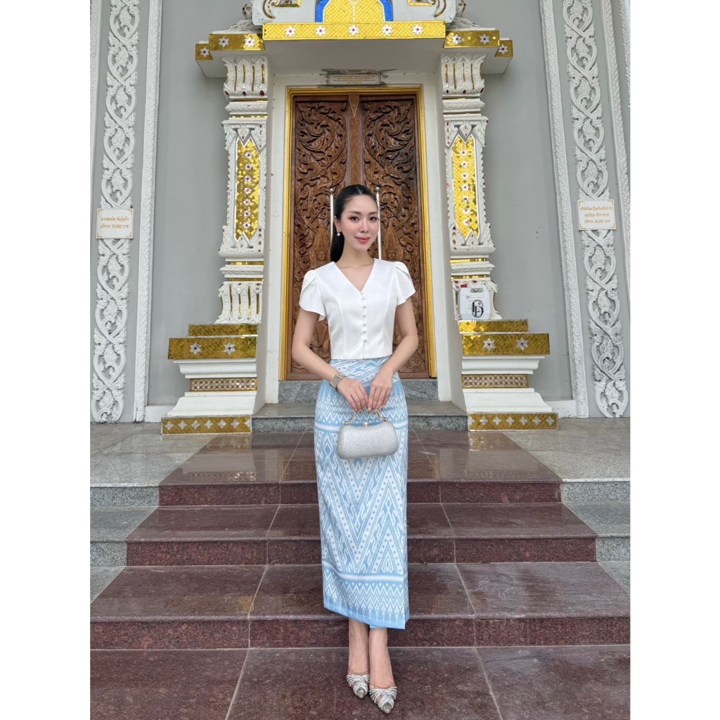 Venice Studio | ชุดทำบุญวันเข้าพรรษา ชุดไทยสองชิ้นผ้าถุงเป็นผ้าพิมพ์ลายเกรดพรีเมี่ยม | XS S M L XL 2