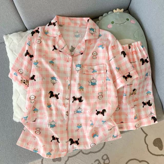 🎀ชุดนอนผ้าไหมญี่ปุ่น🎀 ชุดนอนแฟชั่น เสื้อแขนสั้น กางเกงขาสั้น ลายการ์ตูนน่ารัก ผ้านุ่มเกรดพรีเมียมr