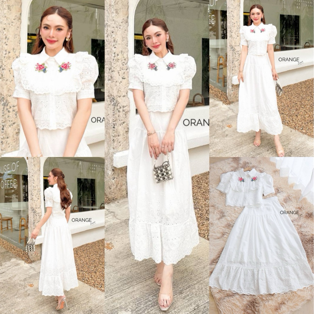 🧡พร้อมส่ง S-4XL🧡ป้าย Orange Juice💕Set เสื้อเชิ้ต กระโปรง คอตตอนฉลุ สีขาว ปักดอกไม้ น่ารักมาก