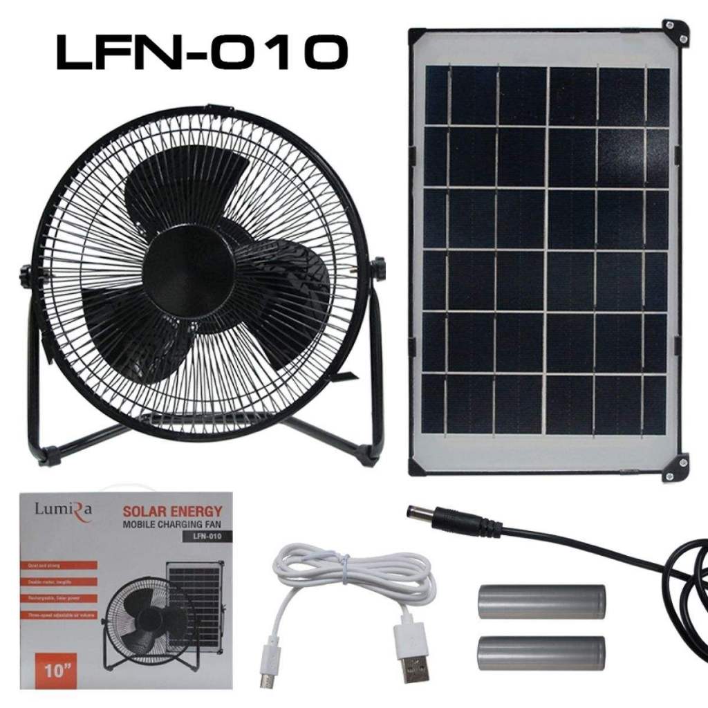 พัดลมเหล็ก ตั้งโต๊ะ DC 12v 10นิ้ว พร้อมแผงโซล่า LUMIRA SOLAR PANEL + FAN 10 INCH DC12V รหัส LFN-010