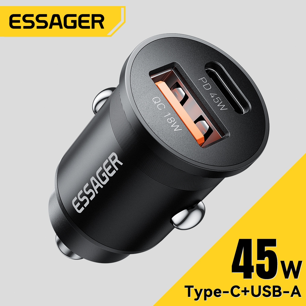 Essager อะแดปเตอร์ชาร์จไฟในรถ USB Type C ชาร์จเร็ว 45W สำหรับรถยนต์ รถบรรทุก มอเตอร์ไซค์