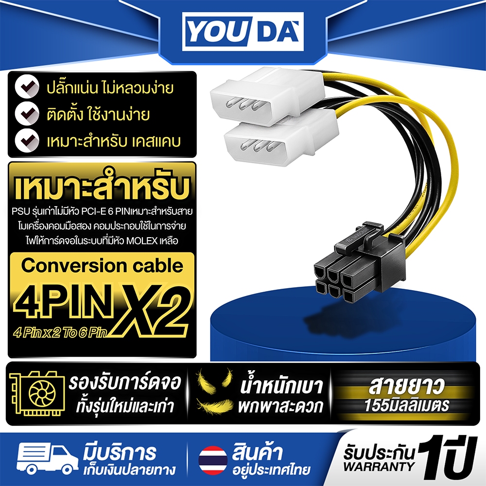 YOUDA สายแปลง 4PIN x2 TO 6PIN รับประกัน1ปี YD-2PT16U รองรับการ์ดจอทั้งรุ่นใหม่และเก่า สายแปลง 2IN1 ต