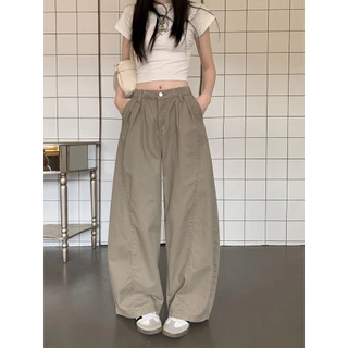 กางเกงยีนส์ผู้หญิงสีคาคีสไตล์เกาหลี Trendy แบบหลวม ขา flare ดีไซน์แฟชั่น