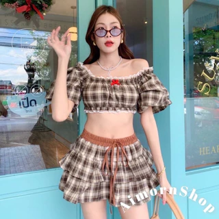 🔥aimorn_shop🔥เสื้อครอป แขนบอลลูน ลายสก็อต แต่งโบว์แต่งขอบลูกไม้สวยแซ่บสุดๆ