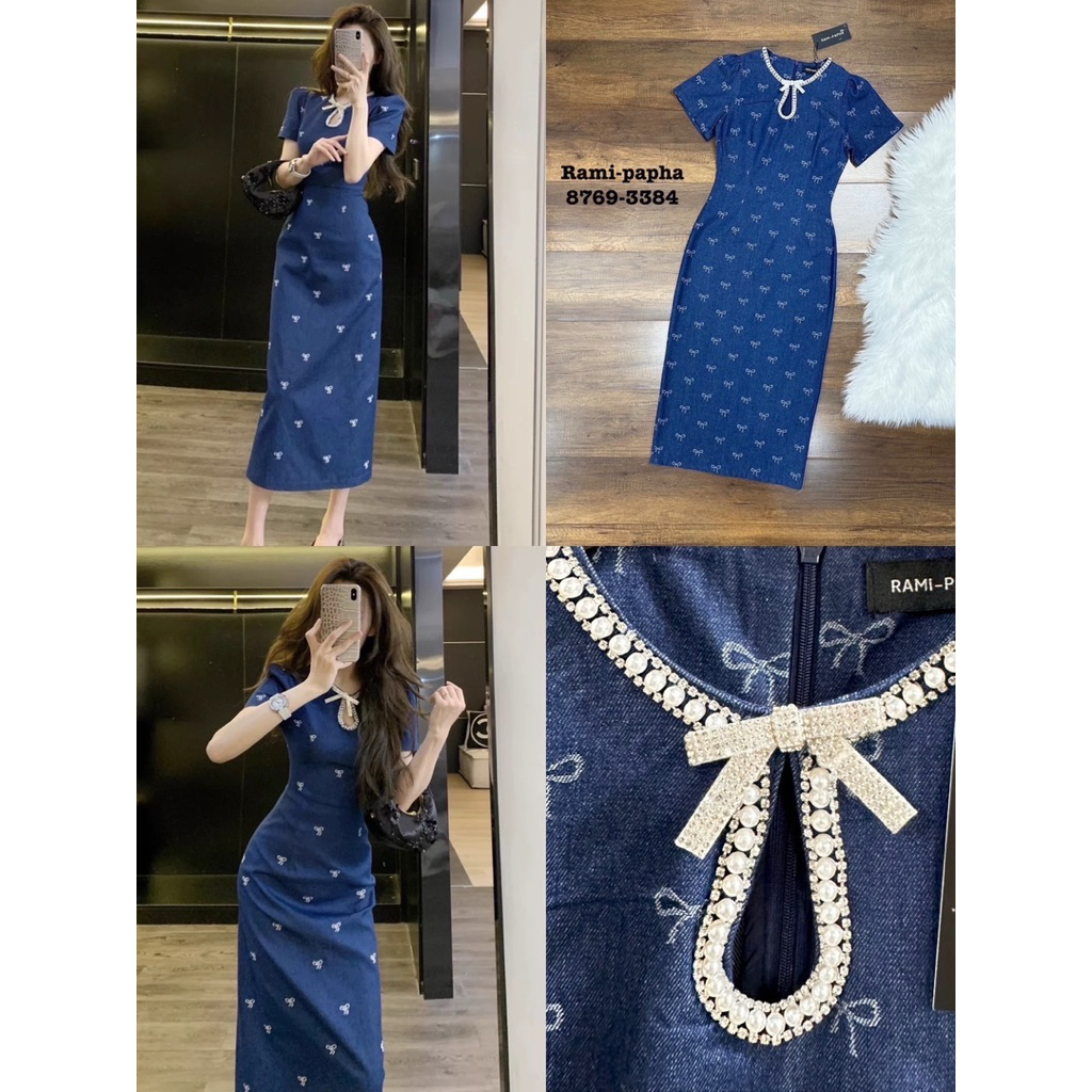 พร้อมส่ง เติม S RM 8769 เดรสตัวยาวเดนิ่มเนื้อบาง คอแต่งอะไหล่สวยหรูโดดเด่น