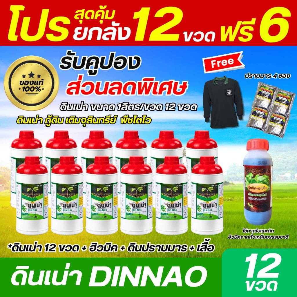 โปรสุดคุ้ม ยกลัง 12 ขวด แถม 6 (ดินเน่า 12 ขวด + ฮิวมิค 1 ขวด + ดินปราบมาร 4 ซอง + เสื้อ 1)