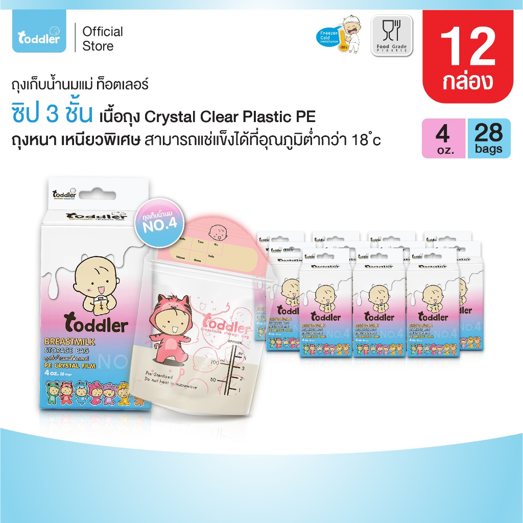(12กล่อง) Toddlerfamily ถุงเก็บน้ำนม 4 ออนซ์  ซิป 3 ชั้น ถุงหนา เหมาะสำหรับแรกเกิด กล่องละ28 ใบ