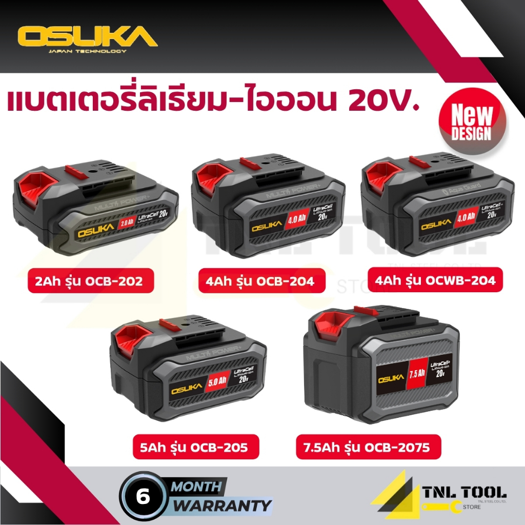 แบตเตอรี่ ลิเธียมไออน 20V. 2Ah / 4Ah / 5Ah /7.5Ah OSUKA *รุ่นใหม่* (เฉพาะแบตเตอรี่)