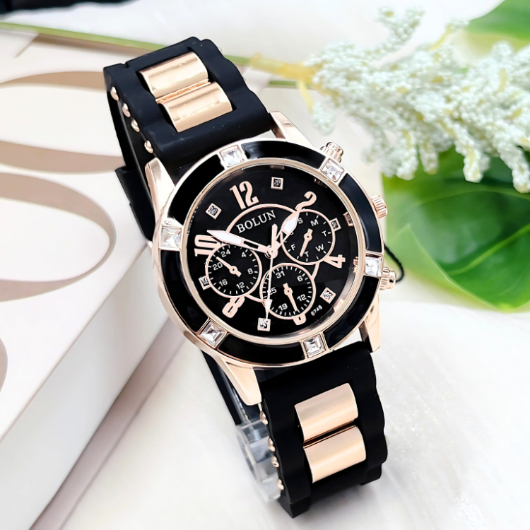 BOLUN นาฬิกาแฟชั่นผู้หญิง สายยางซิลิโคน นิ่มใส่สบายข้อมือ ดีไซน์3วงหรูหรา หน้าปัดขนาด37มม.แถมถ่านฟรี สินค้า