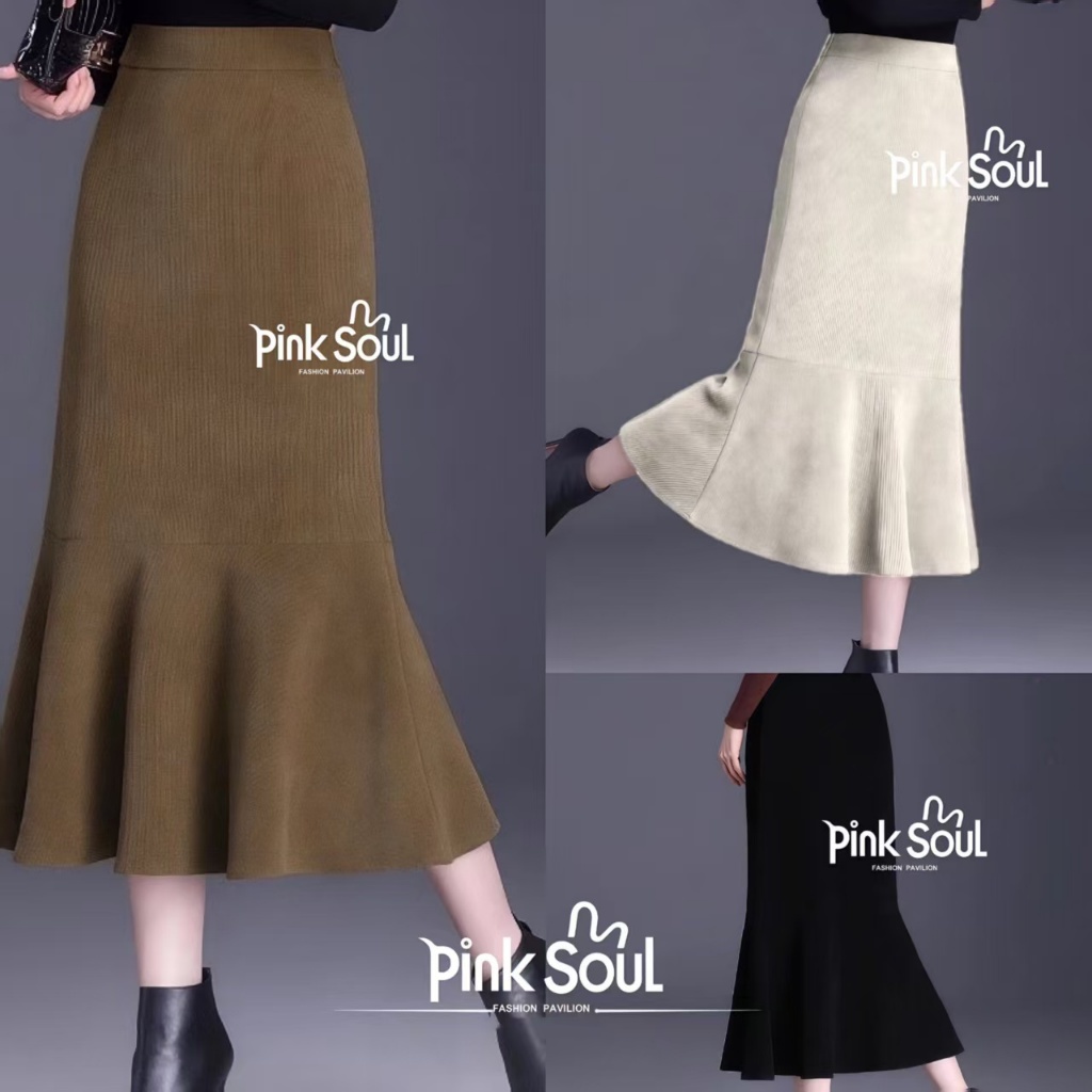 พร้อมส่ง กระโปรงยาว ลูกฟูก สม็อคหลัง ทรงเข้ารูป ปลายแต่งหางปลา เก๋ๆ สไตล์มินิมอล เหมาะสำหรับทุกฤดูกาล