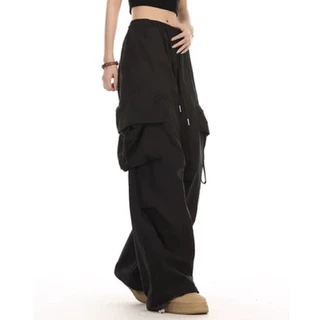 American-style กางเกงขากว้างแบบทำงาน กระเป๋าข้างดีไซน์เชือกรูดสไตล์หลวมแฟชั่นCargo women pants Casual wide leg คุณภาพสูง