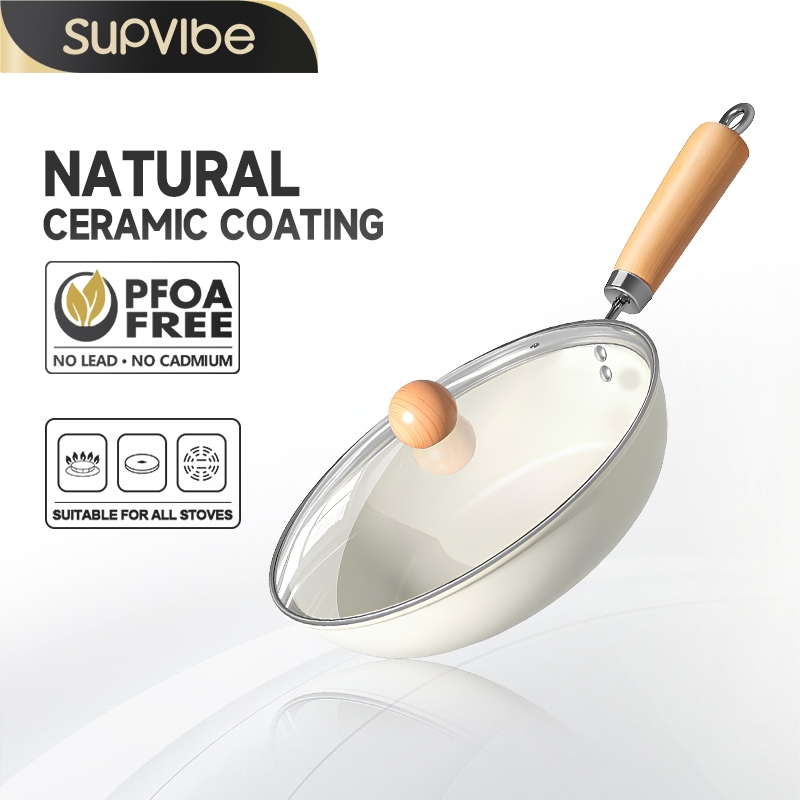 SUPVIBE กระทะเคลือบเซรามิค กระทะไม่ติด กระทะ  พร้อมฝาหม้อ ทำความสะอาดง่าย ใช้ได้กับเตาทุกประเภท 24cm