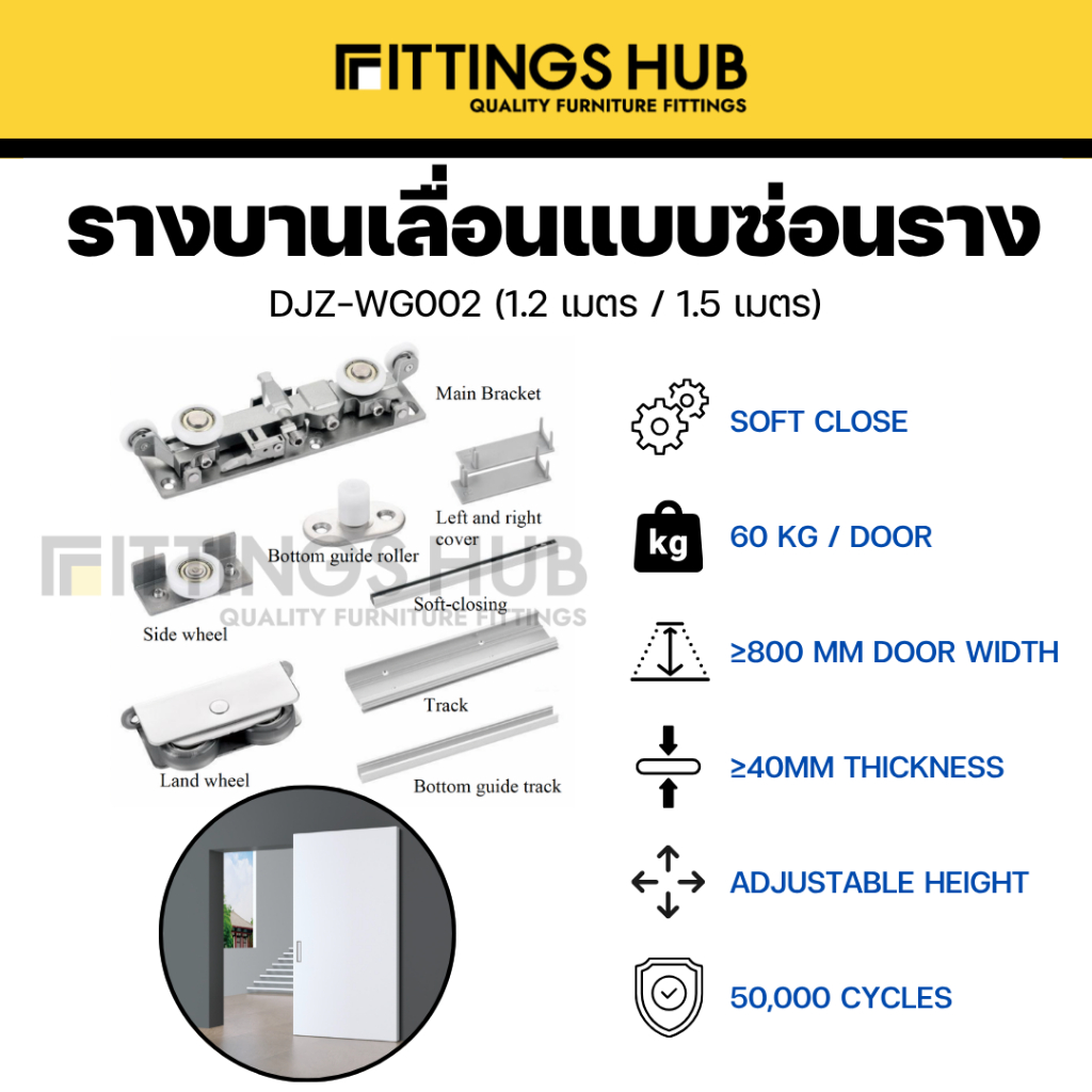 อะไหล่บานเลื่อนแบบซ่อนราง 80 กิโล บานไม้ (DJZ-WG002-W) - FittingsHub