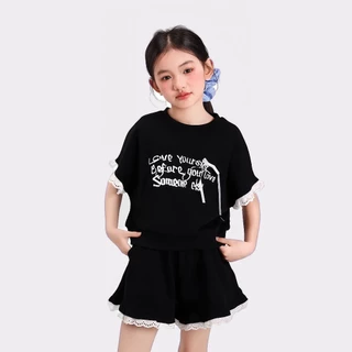 ชุดสูทเด็กผู้หญิง น่ารัก เสื้อยืดคอกลม พิมพ์ลายตัวอักษร กางเกงขาสั้นขากว้าง สไตล์เกาหลี 2-12 ปี