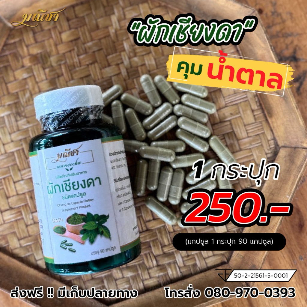 แคปซูลผักเชียงดา ตรา มณีชา โรงงานผลิตเอง  บรรจุกระปุกละ 90 แคปซูล (ค)