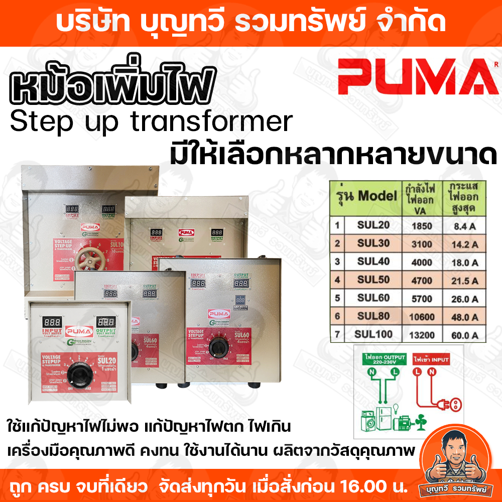หม้อเพิ่มไฟ PUMA ขนาด 8.4A - 60.0A /220V รุ่น SUL20/30/40/50/60/80/100 หม้อปรับแรงดันไฟ เครื่องปรับแ