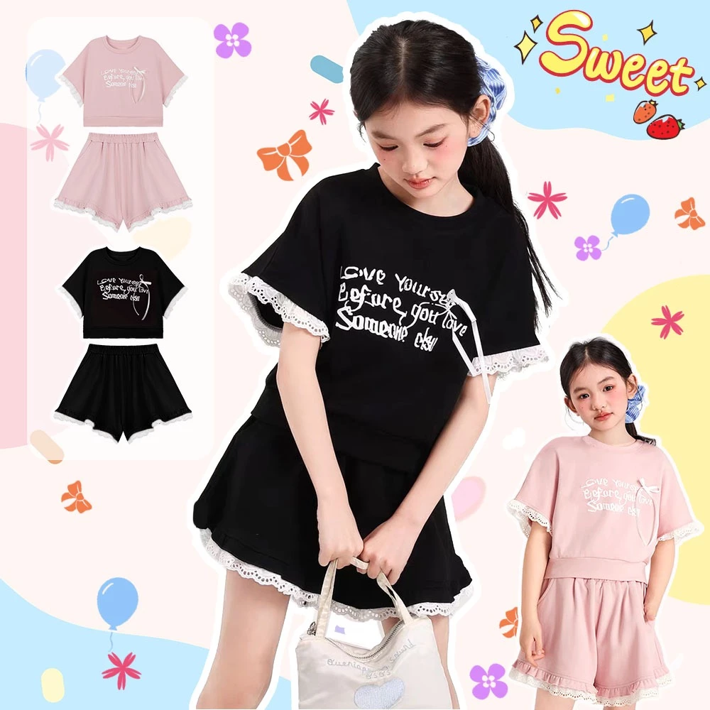 ชุดสูทเด็กผู้หญิง น่ารัก เสื้อยืดคอกลม พิมพ์ลายตัวอักษร กางเกงขาสั้นขากว้าง สไตล์เกาหลี 2-12 ปี