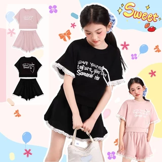 ชุดสูทเด็กผู้หญิง น่ารัก เสื้อยืดคอกลม พิมพ์ลายตัวอักษร กางเกงขาสั้นขากว้าง สไตล์เกาหลี 2-12 ปี