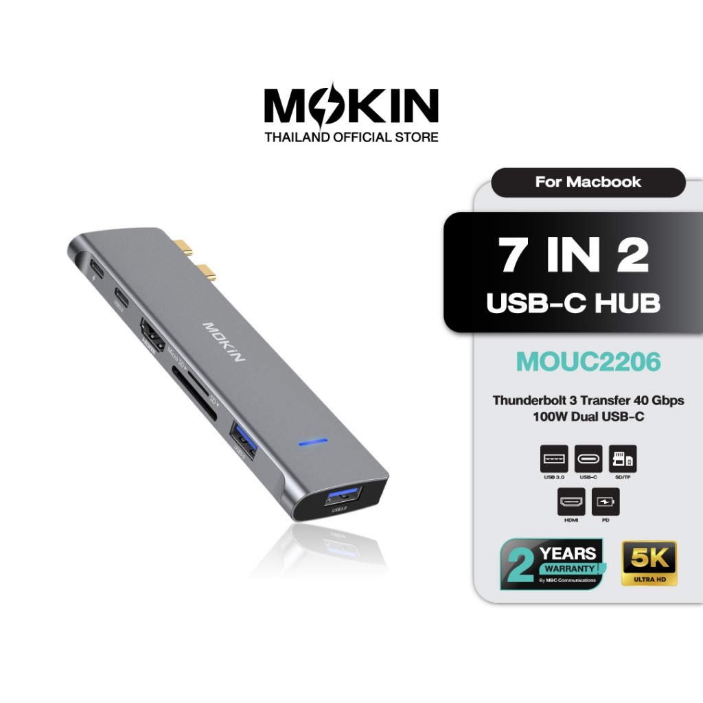 MOKiN 7-in-2 USB-C Hub HDMI 4K USB3.0 PD Thunderbolt 3 ใช้กับ MacBook Pro/Air (MOMUC2206)