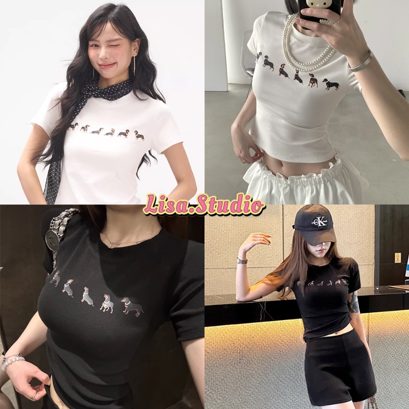 Lisa พร้อมส่ง🐶Baby Teeสไตล์เจนนี่ Y2k เสื้อรัดรูป เสื้อยืดแขนสั้นสีขาว พิมพ์ดัชชุนด์ทรงเอวลอย เสื้อครอป สไตล์เกาหลี