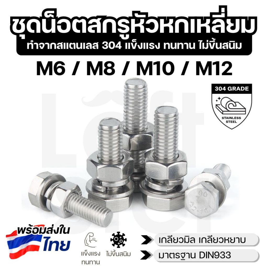 ชุดน็อตหัวหกเหลี่ยม SUS304 พร้อมแหวน+แหวนสปริง M6 M8 M10 M12 | แข็งแรง ทนสนิม ใช้งานภายนอกได้