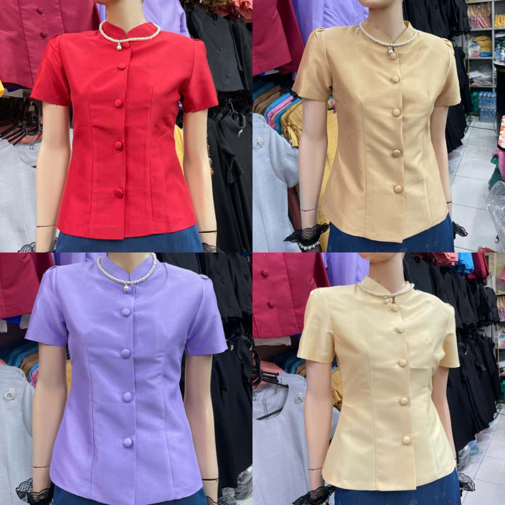 เสื้อไทยจิตรลดา เสื้อคอจีน แขนสั้น รวมสี ผ้าไหมอิตาลีเกรดเอ Thaidress