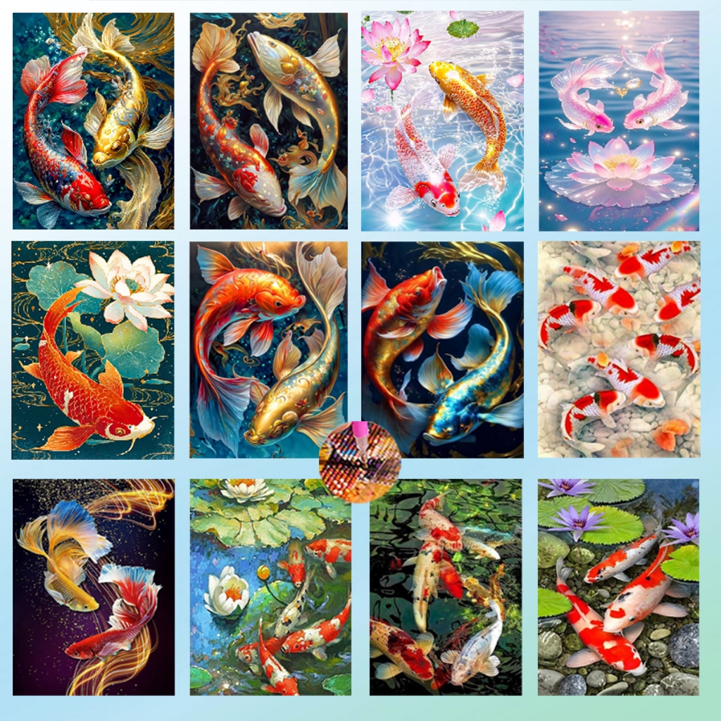 Diamond Painting 5D DIY FISH ปลา มงคล ครอสติสคริสตัล 5 มิติ ปักครอสติส ภาพติดเพชร ขนาด WxH 30x40 cm.