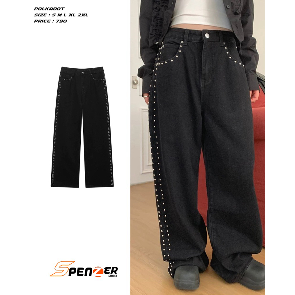 [พร้อมส่ง] Spenzer.street |   Polkadot🖤 กางเกงทรงกระบอก เสื้อผ้าสตรีท เนื้อผ้าดี คุณภาพแน่น ฮิต unis