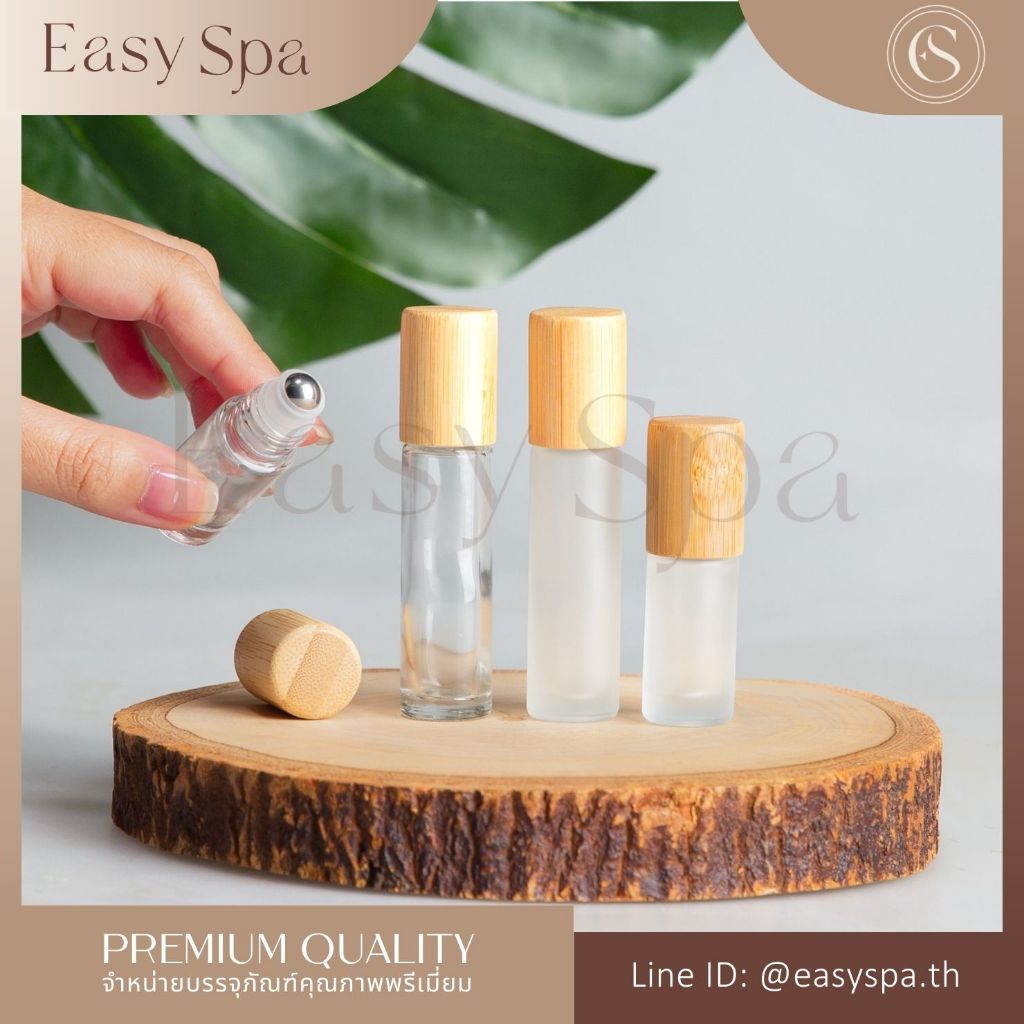 ฝาไม้ไผ่แท้ bamboo cap ขวดลูกกลิ้งแก้วหนา หัวลูกกลิ้ง ขวดอโรม่า ฝาไม้ 10ml 15ml aroma essential oil roller bottle