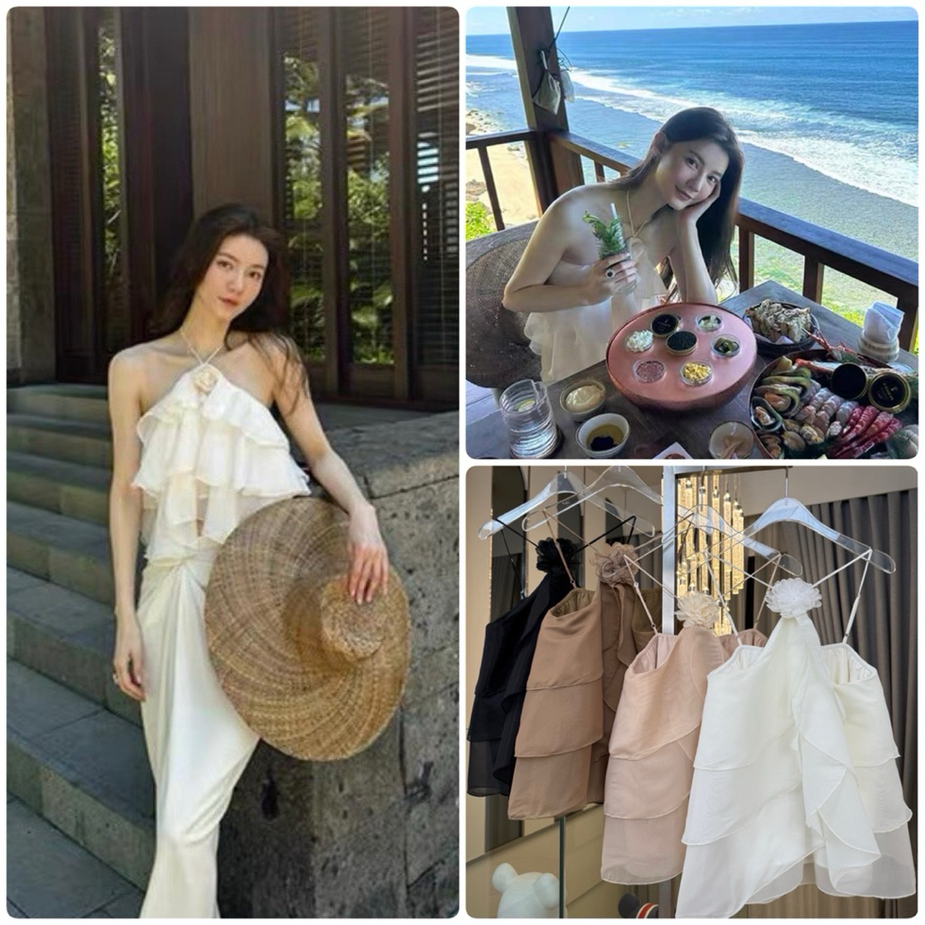 FK : สายเดี่ยว คอสามเหลี่ยม ระบาย ดอกไม้ 3D ผ้าไหมแก้วเกาหลี แมทกับ ผ้าใบ กระโปรง กางเกง ส้นสูง ต้อง