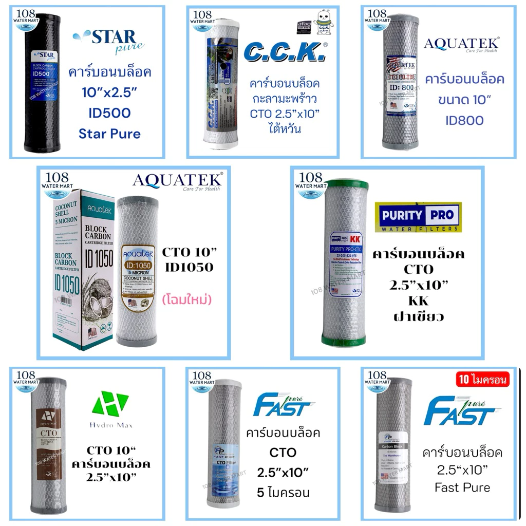 Aquatek / Fast Pure / Hydromax / Star Pure / Omnipure / CCK / Purity Pro ไส้กรอง คาร์บอนบล็อค 10 นิ้ว CTO