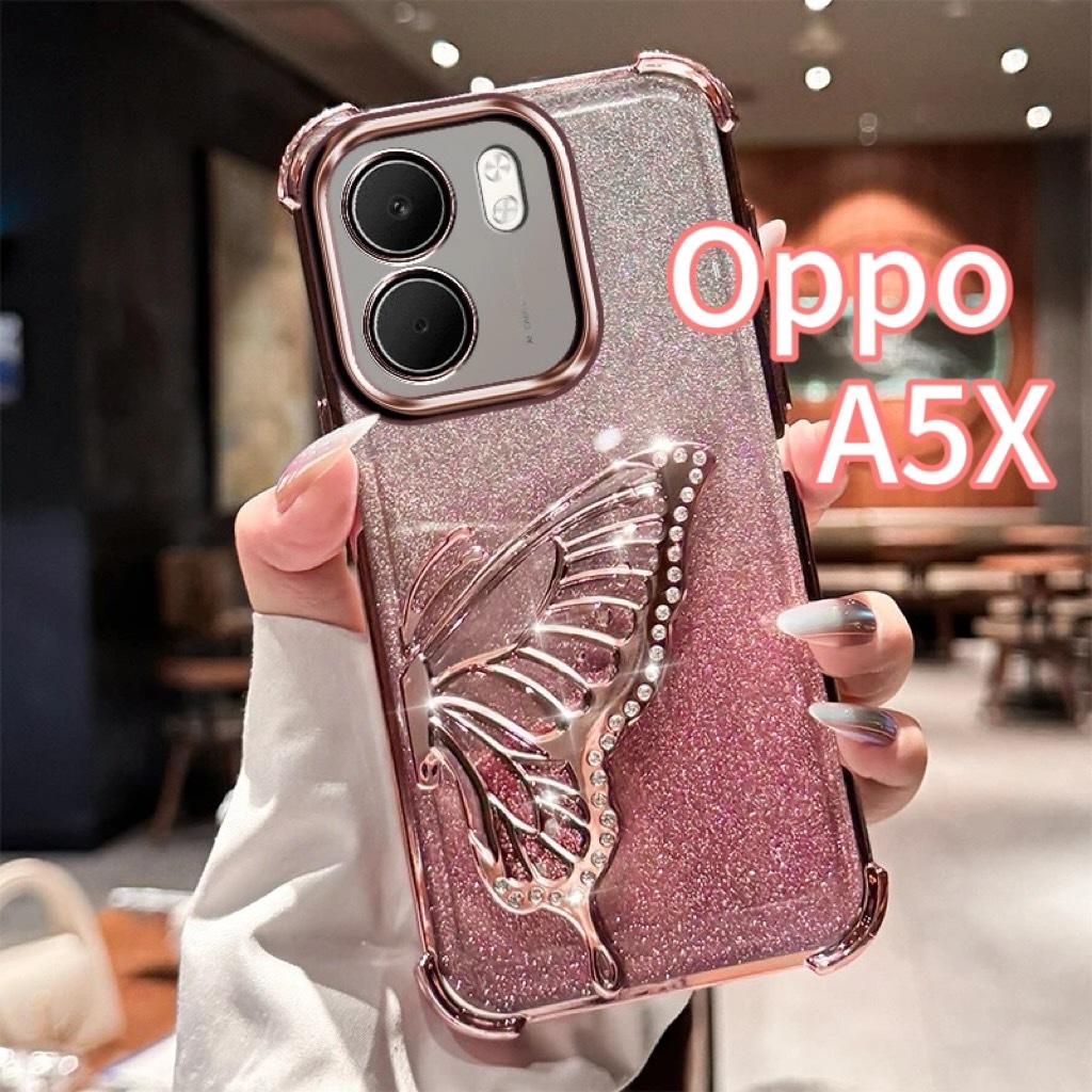 เคสโทรศัพท์ กริตเตอร์ หรูหรา  สำหรับรุ่น oppo a5x RENO 14 RENO 14F เคส กันกระแทกมุม ป้องกันกล้อง ผีเสื้อ น่ารัก ตั้งได้