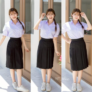 ✨กระโปรงนักเรียนม.ต้น/ม.ปลาย(ผ้ามันดีวาย)ทรงแคบ”สีดำ“ตีเกร็ด5.5(มีบิลให้)