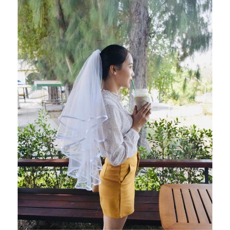 Veil.No4 เวลติดผมเจ้าสาว minimal style เวล 2 ชั้น สีขาว ความยาว 70 - 90 CM