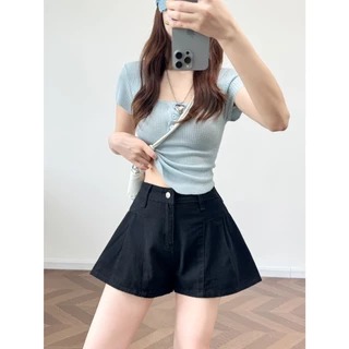 S-5XL กางเกงยีนส์ขาสั้นทรงขากว้าง แต่งจิ๊บ ผ้ายีนส์ไม่ยืด