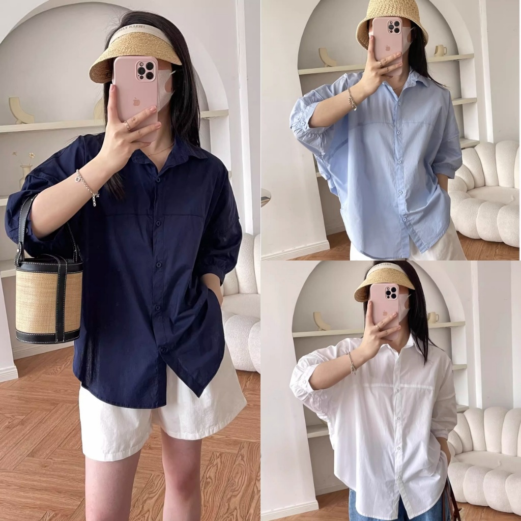เสื้อเชิ้ตแขนสั้น เสื้อกันแดดทรงหลวม ดีไซน์หลังเว้า ผ้าฝ้าย สวมใส่สบายและอเนกประสงค์