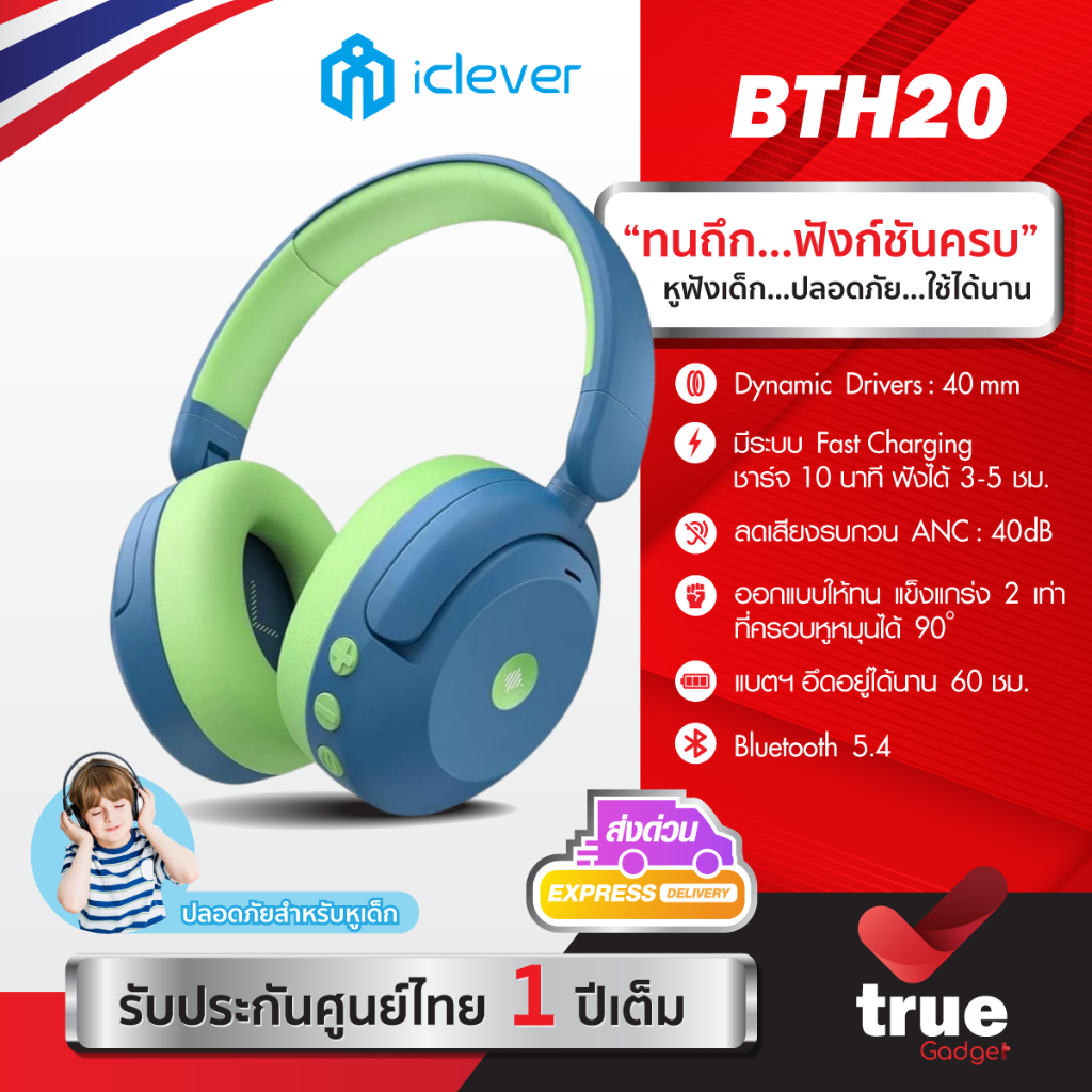 🇹🇭ประกันศูนย์ไทย หูฟังเด็ก iClever BTH20 ANC Kids Headphone หูฟังตัดเสียงรบกวนสำหรับเด็ก จำกัดระดับเ