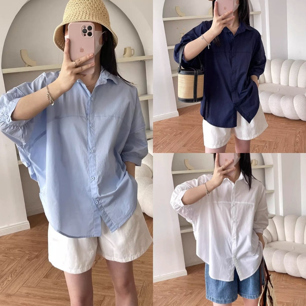 Blossom Closet🦢เสื้อเชิ้ตลำลองสไตล์ฝรั่งเศส เสื้อเชิ้ตแขนสั้นผู้หญิง เรียบง่าย สีพื้น ใช้งานได้หลากหลาย