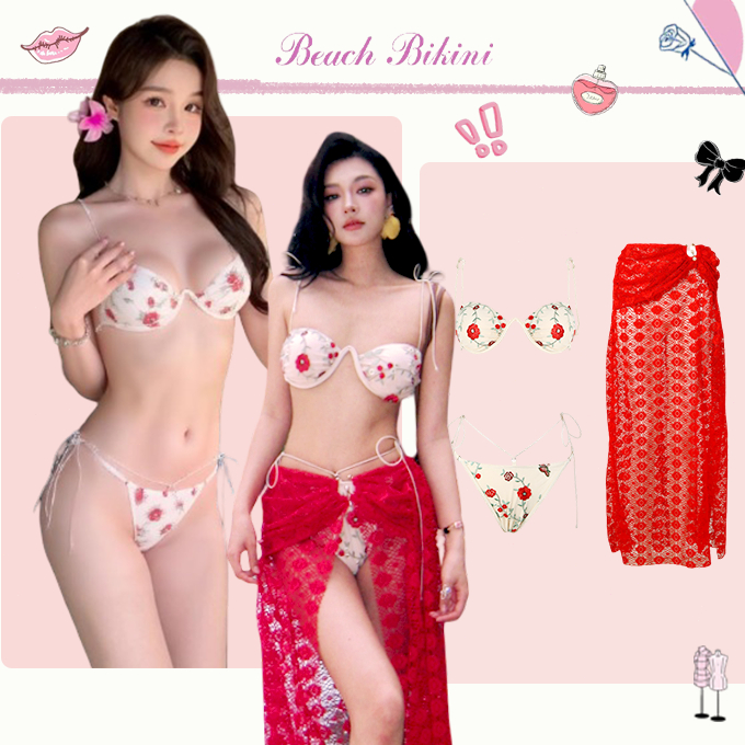 Beach Bikini ชุดว่ายน้ำชายหาด บิกินี่ 2 ชิ้น ผ้ากันเปื้อนปักลาย ลายดอกกุหลาบ มีแหวนเหล็ก ผ้าดี – โปรปัง