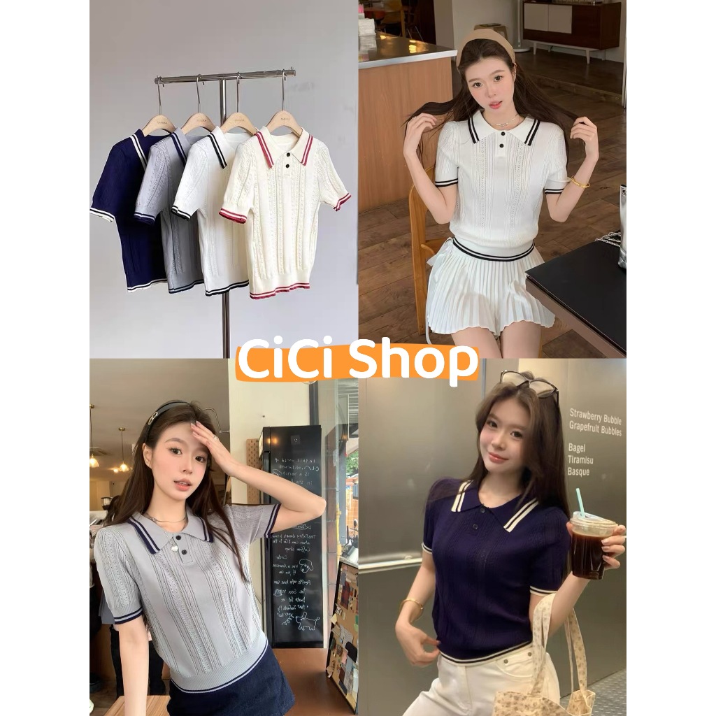 Cicishop(X1738-5) เสื้อโปโลไหมพรมคอปก แต่งขอบลาย ผ้ายืด กระดุมใช้งานได้จริง สไตล์สาวเกาหลี