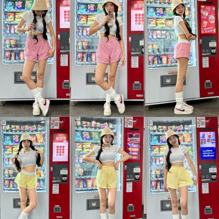 กางเกงขาสั้นรุ่น Candy สีหวานลายทางเล็ก ใส่ได้สองแบบ น่ารัก 2in1