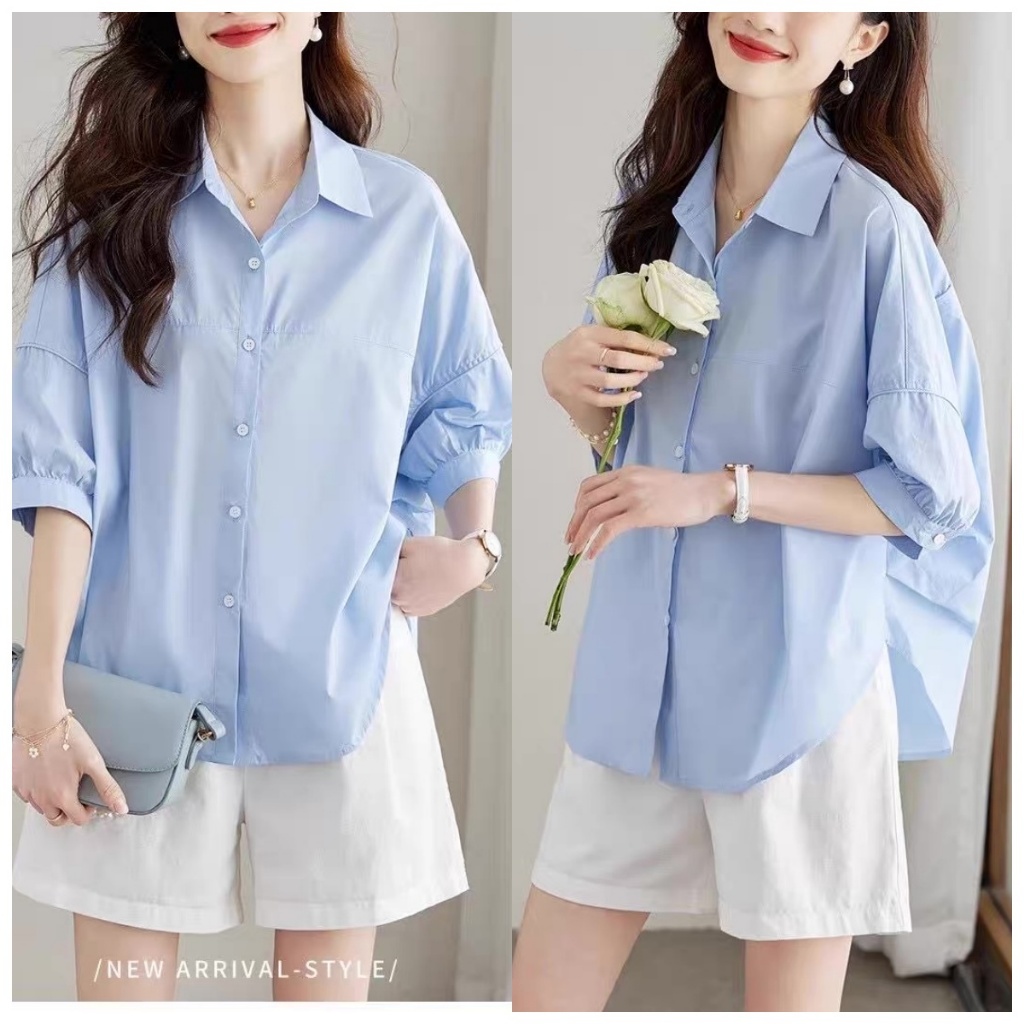 เสื้อเชิ้ตผู้หญิงแขนสั้น ทรงหลวม เนื้อผ้าคอตตอน ทรงเข้ารูป ลำลอง