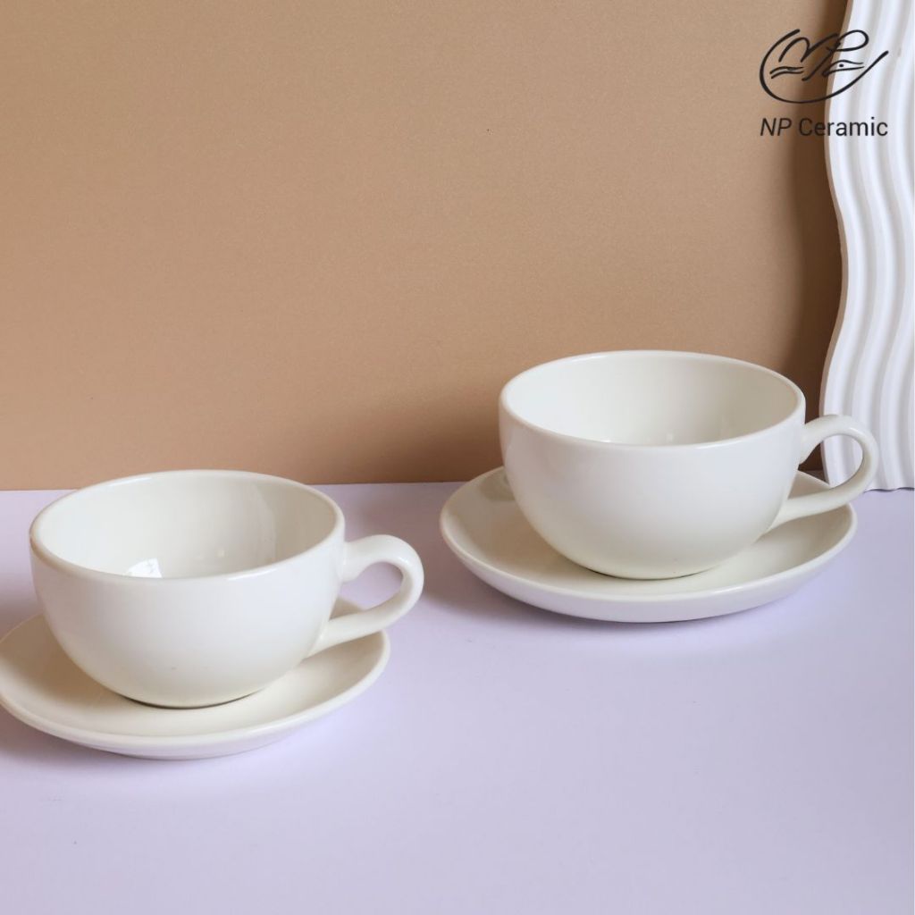 [ลดสูงสุด 80%] NP Ceramic แก้วเซรามิค แก้วจัมโบ้ จานรอง สีขาว สวยหรู พร้อมส่ง