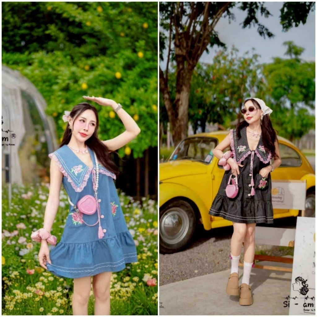BNSS015💖มีดำS,M,L,2xl,3xl,4XL(ปกติ) ยาว 33" เดรสยีนส์สั้นปักลายคอแต่งระบาย