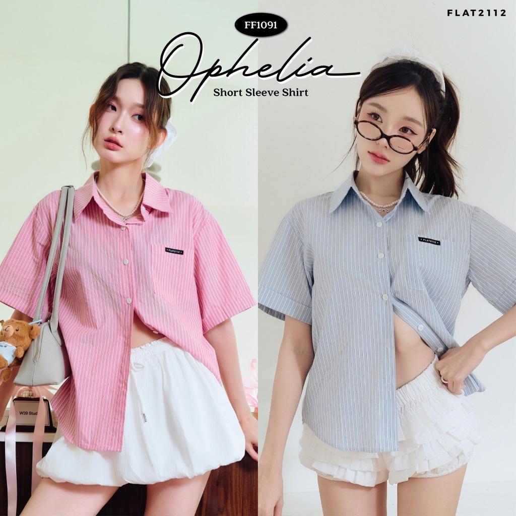 FLAT2112 FF1091 : OPHELIA SHORT SLEEVE SHIRT เสื้อเชิ้ต คอปก เเขนสั้น โอเวอร์ไซซ์  ชุดผู้หญิง แฟชั่น